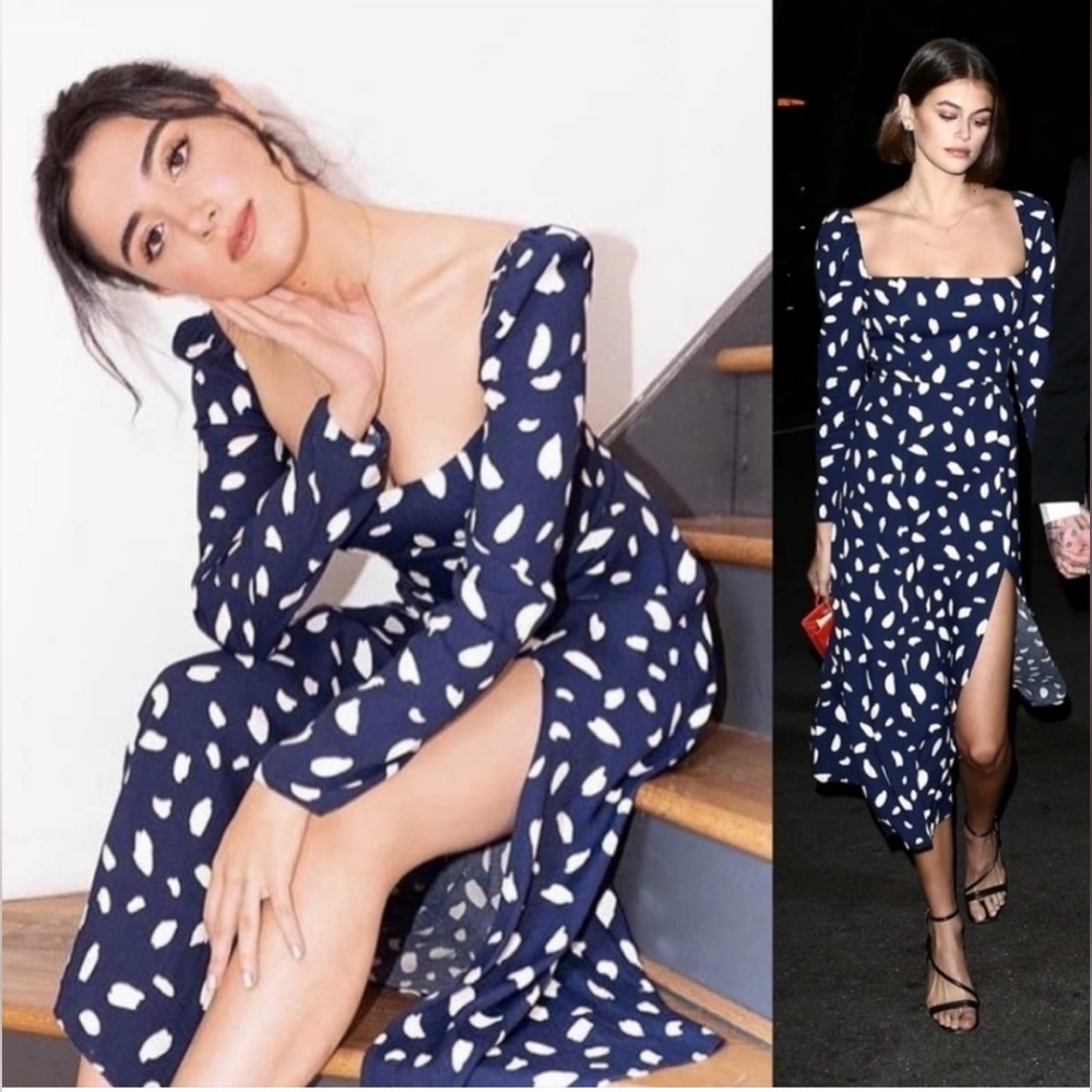 Reformation Navy Blue Midi Dress with White Spot Print